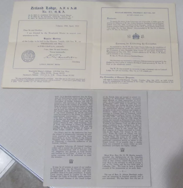 1937 Coronation KING GEORGE VI Calgary Zetland Zephyrs Masonic Lodge Ephemera 3