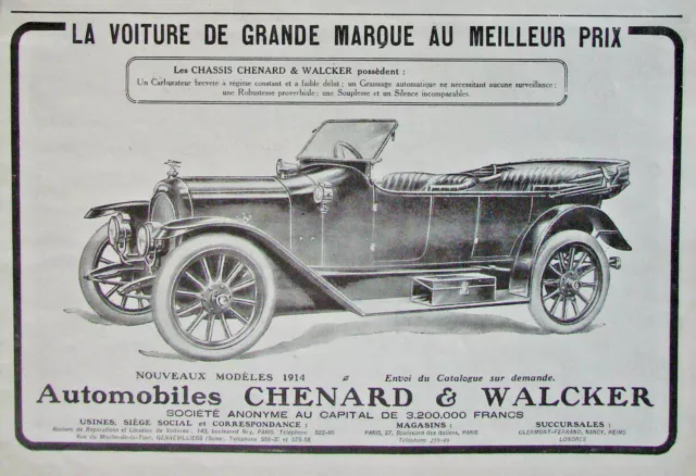 Publicité De Presse 1913 Automobiles Chenard & Walcker Voiture De Grande Marque