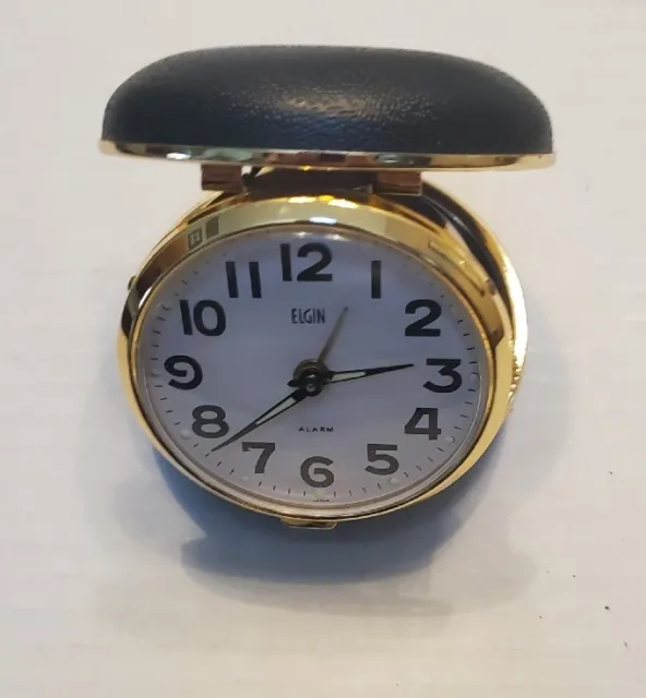 Vintage Elgin Wind Up Travel Alarm Clock Black Case Glow In Dark Hands