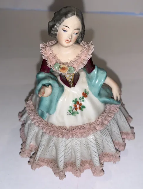 F.W. Wessel German Porcelain Pink Lace Lady Figurine 4-1/2” Made In Germany