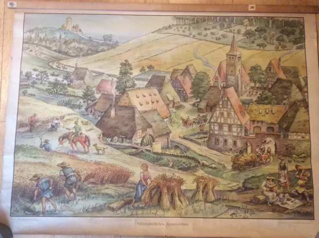 Mittelalterliches Bauernleben Vintage Schulwandkarte Rollbild Landwirtschaft