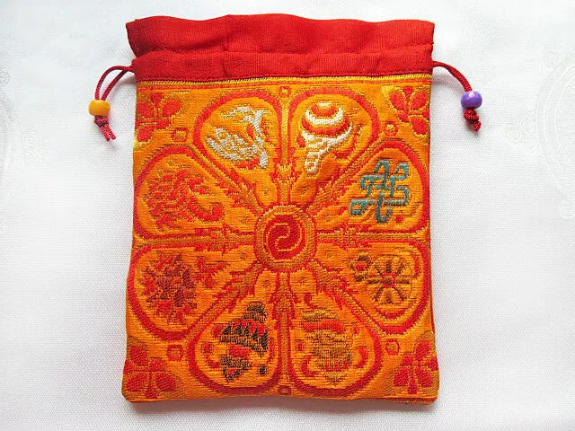 Schmuck Tasche Brokat - Mala Beutel - 8 Glückssymbole - 15x12cm - orange - Nepal