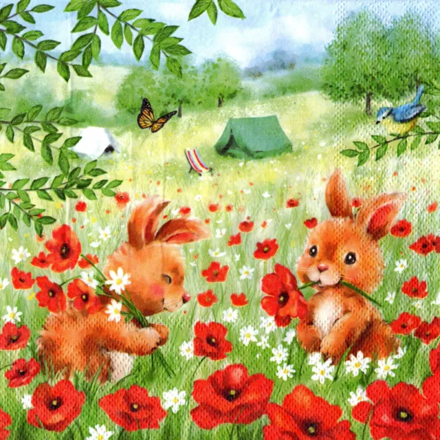 Serviettes en papier lapins dans champ de coquelicots camping. Napkins rabbits