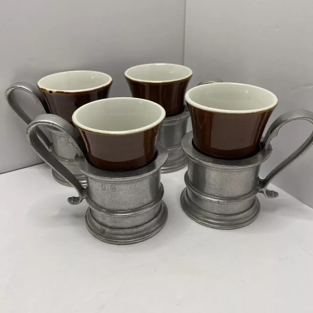 Vintage Hall 342 Brown Glass Coffee Cups With Pewter Holders Set Of 4