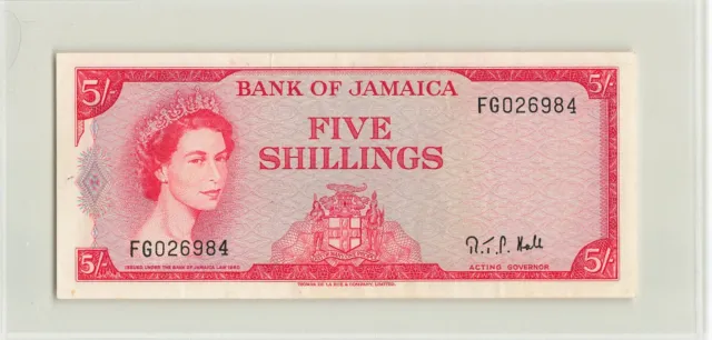 JAMAICA 5 Shillings 1960 (1964), P-51Ac Sign: Hall, Orig. EF+,FG026984, QEII. F9