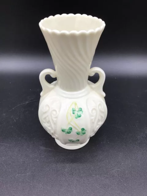 Vintage Belleek Shamrock Double Handle 6" Vase Green 6th Mark Ireland 1965-1980