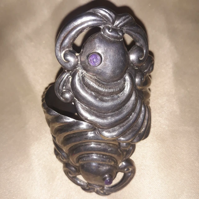 Vintage Taxco Mexican Sterling Silver Amethyst Koi Fish Hinged Clamper Bracelet