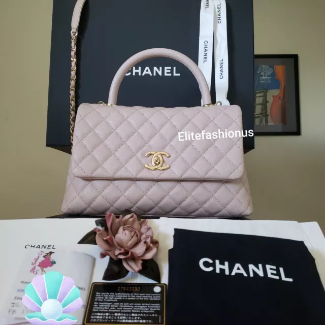 Chanel Mini / Small Coco Top Handle Beige Caviar GHW with Burgundy