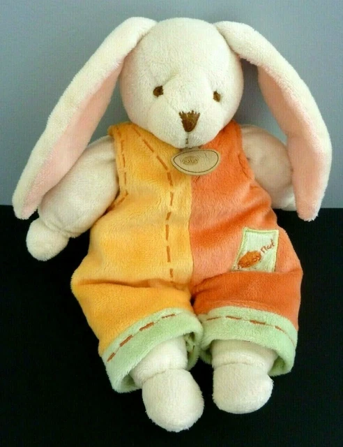 V1. DOUDOU PELUCHE LAPIN FRIPON BABY NAT SALOPETTE ORANGE JAUNE VERT 30cm - TTBE