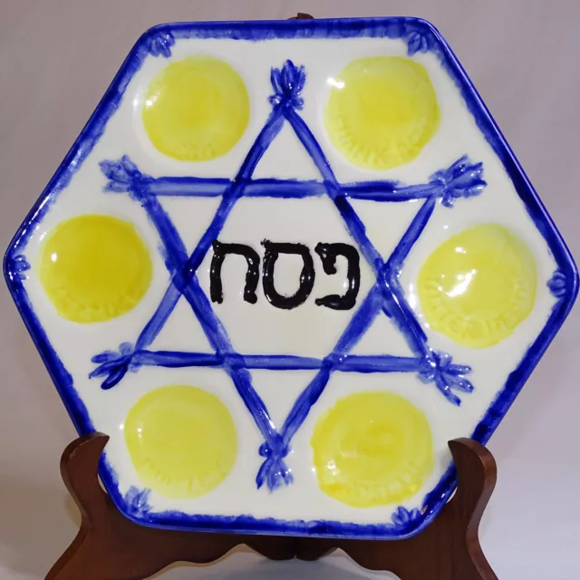 Passover Seder Plate Star Of David Blue White & Yellow In Color Is Hand Painted