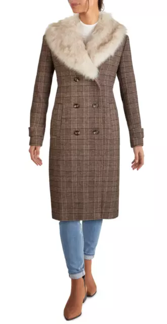 Kenneth Cole New York Womens Plaid Brown Long Coat B5512 Size XL 3