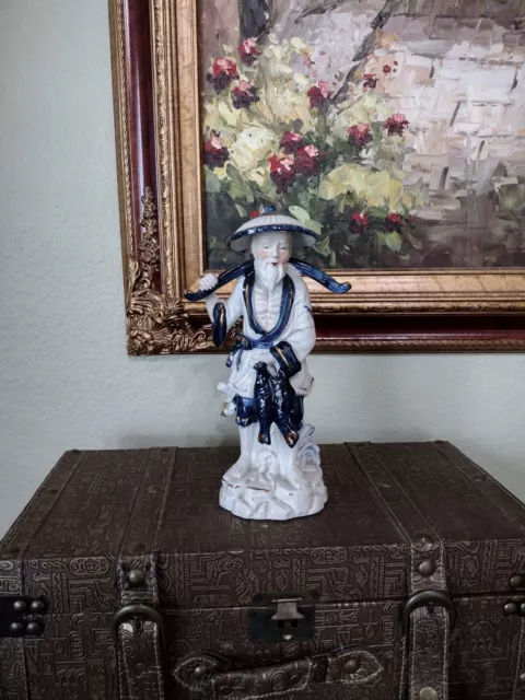 Chinese Fisherman Ceramic Figurine Vintage Cobalt Blue White