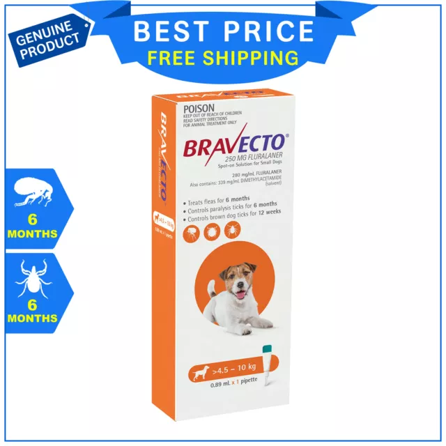 BRAVECTO Spot ON for Dog 4.5 to 10 Kg ORANGE Flea Control for 6 months 1 Pipette