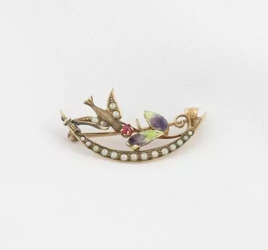 10k Yellow Gold Bird Leaf Crescent Moon Seed Pearl Pin Brooch Antique Victorian