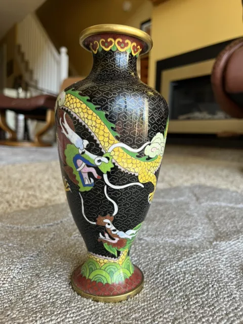 Vintage CHINESE CLOISONNE VASE 8” Enamel and Brass Dragon Design Black, Yellow