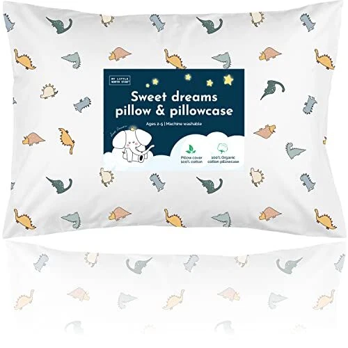 Toddler Pillow with Pillowcase - 13x18 Soft Organic Cotton Toddler Dinosaur