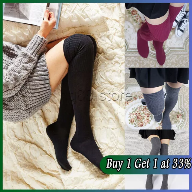 Womens Thigh High Socks Stockings Over The Knee Warm Knitted Cotton Ladies Girls