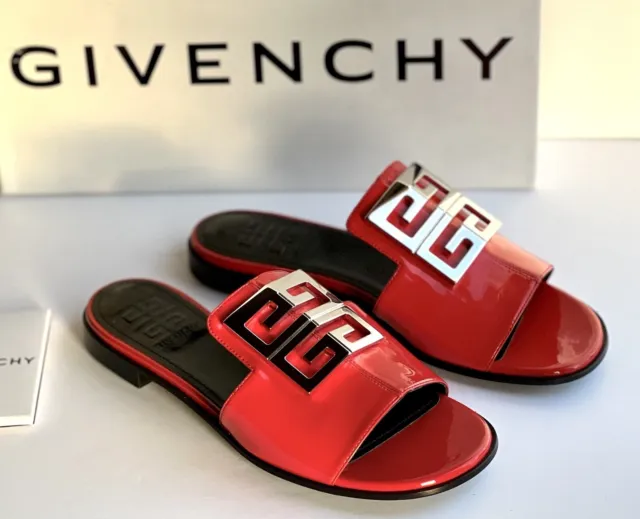 Givenchy 4G Logo Patent Leather Flat Mules Sandals Red EU 38 /US 8 MSRP $695