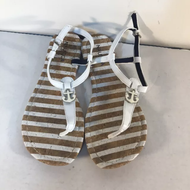 Nautica White Leather Tstrap Flat Sandals W/Adj. Buckle Womens Size 7.5 EUC