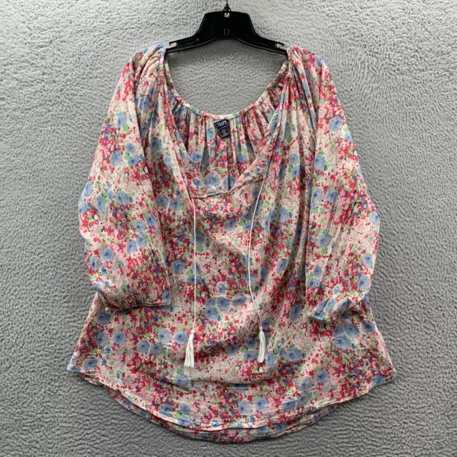 CHAPS Blouse Womens 2X Top Floral 3/4 Sleeve Sheer Pink White Blue