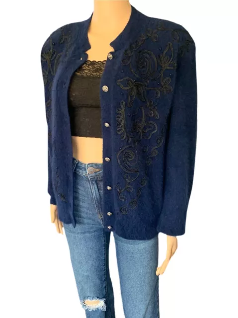 Weathervane Angora Sweater Womens Navy Small Wool Cardigan Vintage 90s Retro