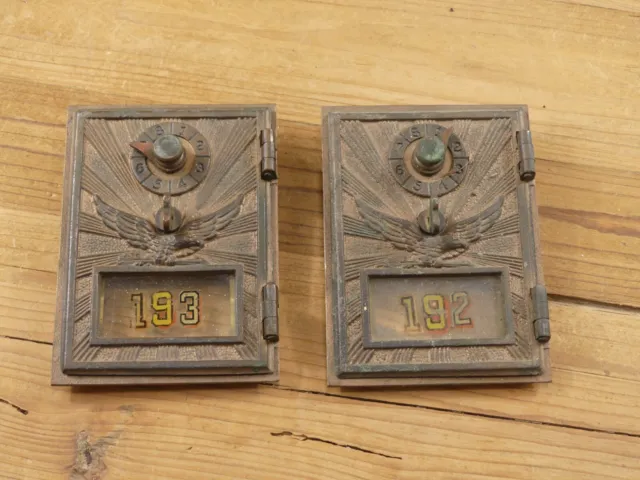 2 Antique U.S. Post Office Mail Box Door #192 & #193 Flying Eagle Brass