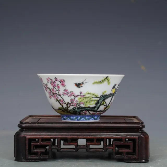 3.3" Chinese Colour Enamels Porcelain Plum Blossom Willow Tree Animal Bird Cup
