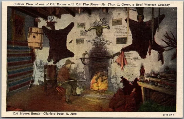 OLD PIGEON RANCH Glorieta Pass, NM Linen Postcard Room Interior / Fireplace