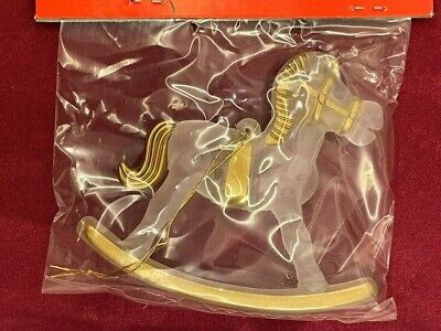 Estate Christmas Ornament Frosted Acrylic Gold Trim Ornament 2+" Rocking Horse