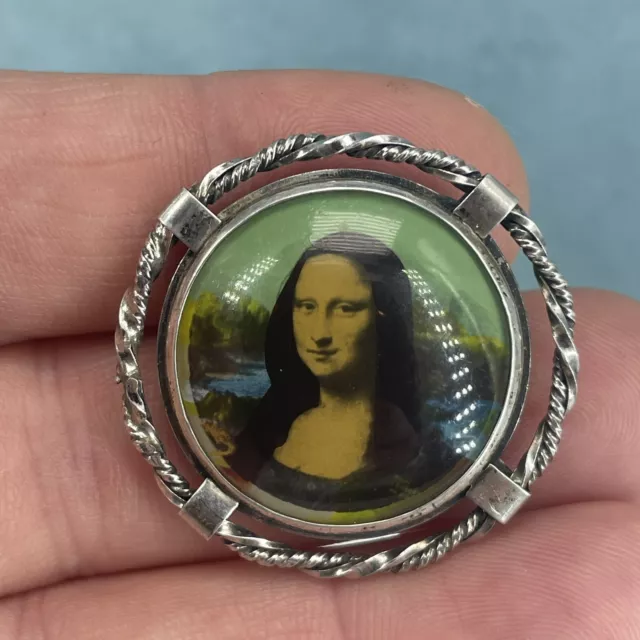 vintage sterling silver brooch Mona Lisa portrait 1930s rhodium plated  Da Vinci