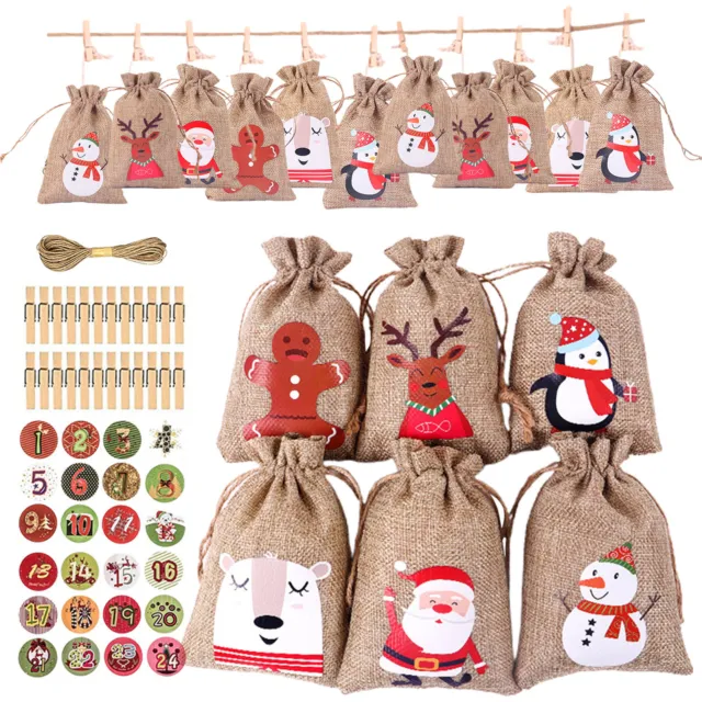 24PCS Christmas Advent Calendar Countdown Gift Bags DIY Party Hanging Decor