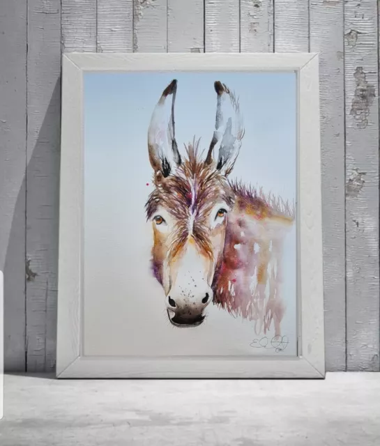 Large original signed watercolour art painting by Elle Smith of a Donkey