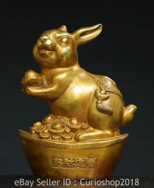 7.6" Old Chinese Copper Gilt Fengshui 12 Zodiac Coin Animal Rabbit Wealth Statue