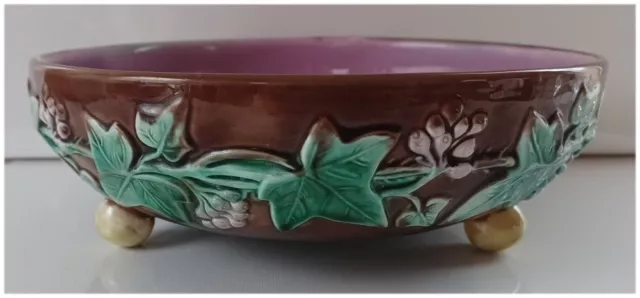 Pretty/Old Majolica English Leaves and Flowers Footed Bowl, 10 1/2"D, Circa 1880