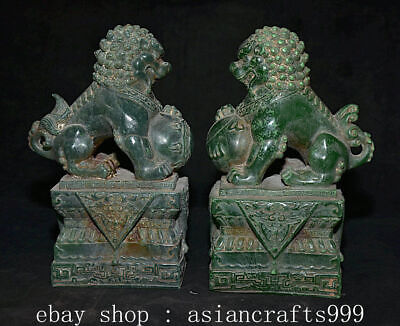 9.2" Old Chinese Green Jade Carved Fengshui Foo Fu Dog Guardion Lion Statue Pair