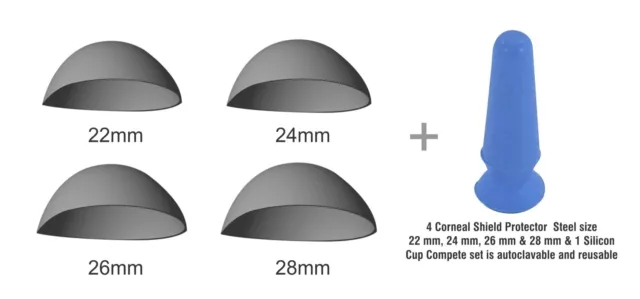 Stainless Steel Corneal Shield Protector 22, 24, 26 & 28 mm Set with Suction Cup