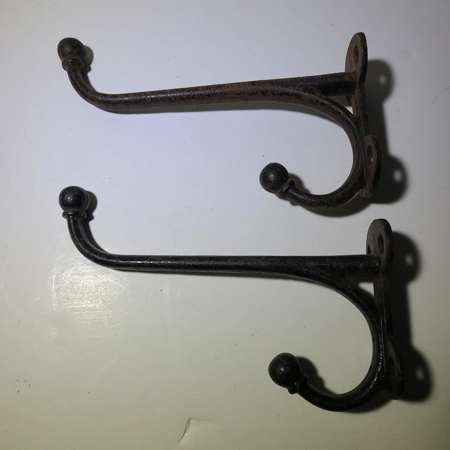 2 Cast Iron Hook Coat Hat Double 8" Wall Mount Black Paint Vtg Old School Room