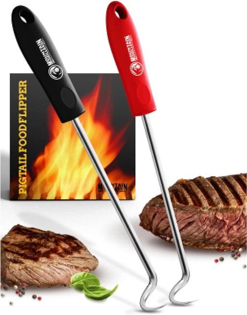 Pigtail Food Flipper Set - 17 & 12 Inch Meat Hooks & Turners With Steel Shafts &