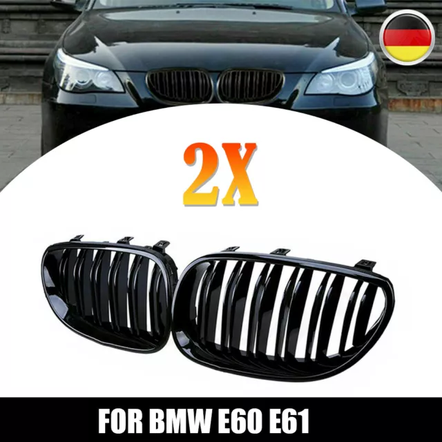 Für BMW 5er E60 E61 M5 Nieren Grill Kühlergrill GLANZ SCHWARZ GLÄNZEN Doppelsteg