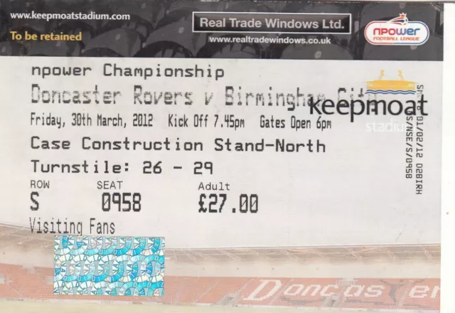 Ticket - Doncaster Rovers v Birmingham City 30.03.12