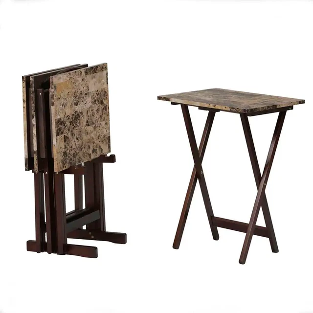 TV Dinner Tray Set Of 4 Faux Marble With Stand Wood Folding Living Room Table