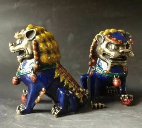 Old Fengshui bronze Cloisonne Guardion Fu Foo Dogs Lion beast statue pair 3