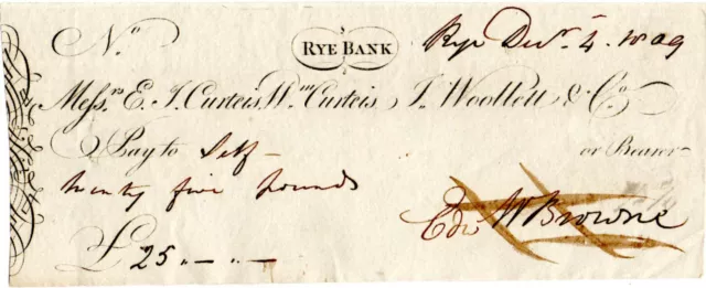 Rye Bank, Kent 1814-90 Cheque drawn to Self £25-Became part of LLoyds Bank