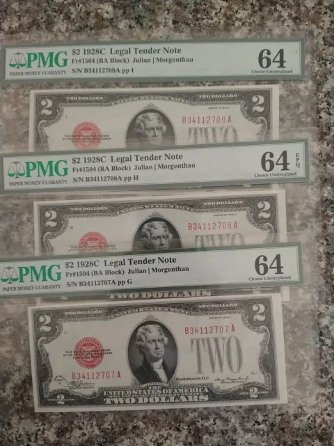 (3) Consecutive #s 1928-C $2 RED SEAL UNITED STATES NOTE PMG UNC-64EPQ