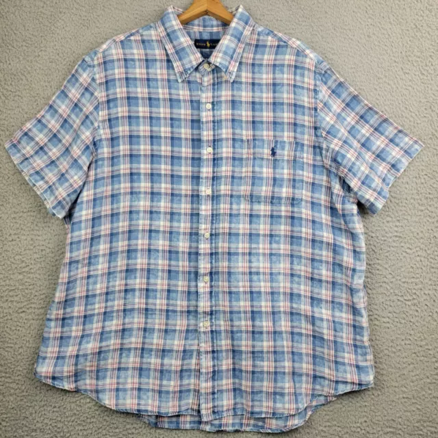 Ralph Lauren 100% linen shirt mens XXL blue plaid short sleeve button down