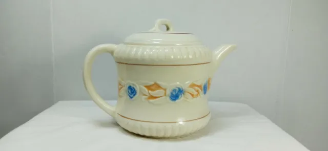 Rare Vintage design 1940s Porcelier Vitreous China Floral Tea Pot lite Brn trim