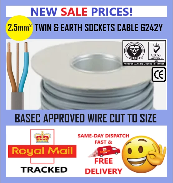 TWIN EARTH Electric Sockets Cable Wire 2 5mm 6242Y FAST FREE DELIVERY 