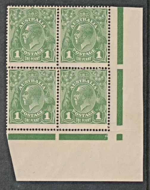 KGV - 1d Sage-Green BLOCK of 4 with 2 VARIETIES *MINT UNHINGED* (CV $300+)