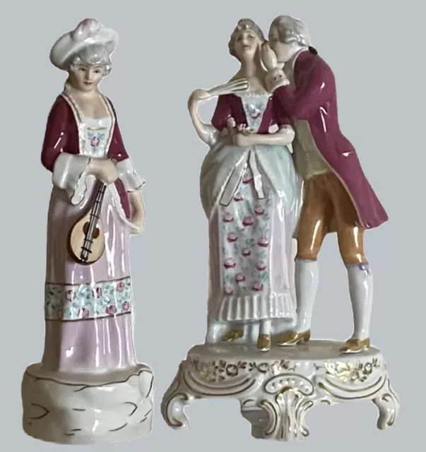 Royal Dux 2 Porcelain Figurines Courting Couple On Footed Base & Lady Dark Pink