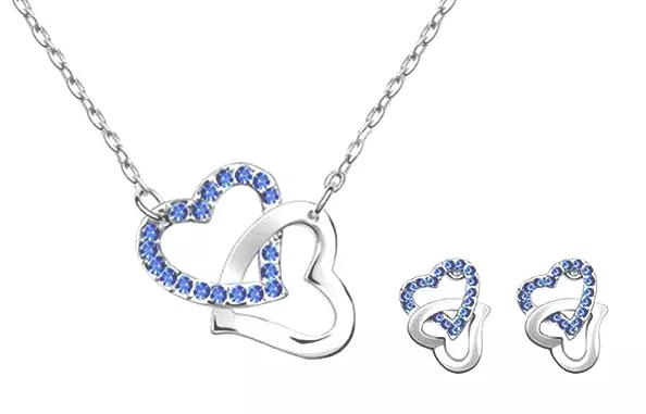 Schmuckset Halskette Herzen Doppelherz Silber Strass Blau Damen Kette Ohrringe